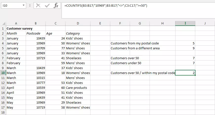 Screenshot of an Excel table with the COUNTIFS function and three search criteria