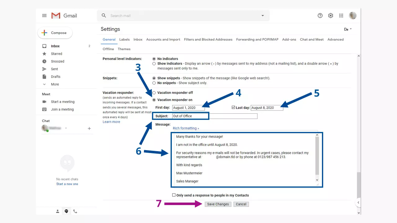 Set up Gmail out-of-office note: set note details