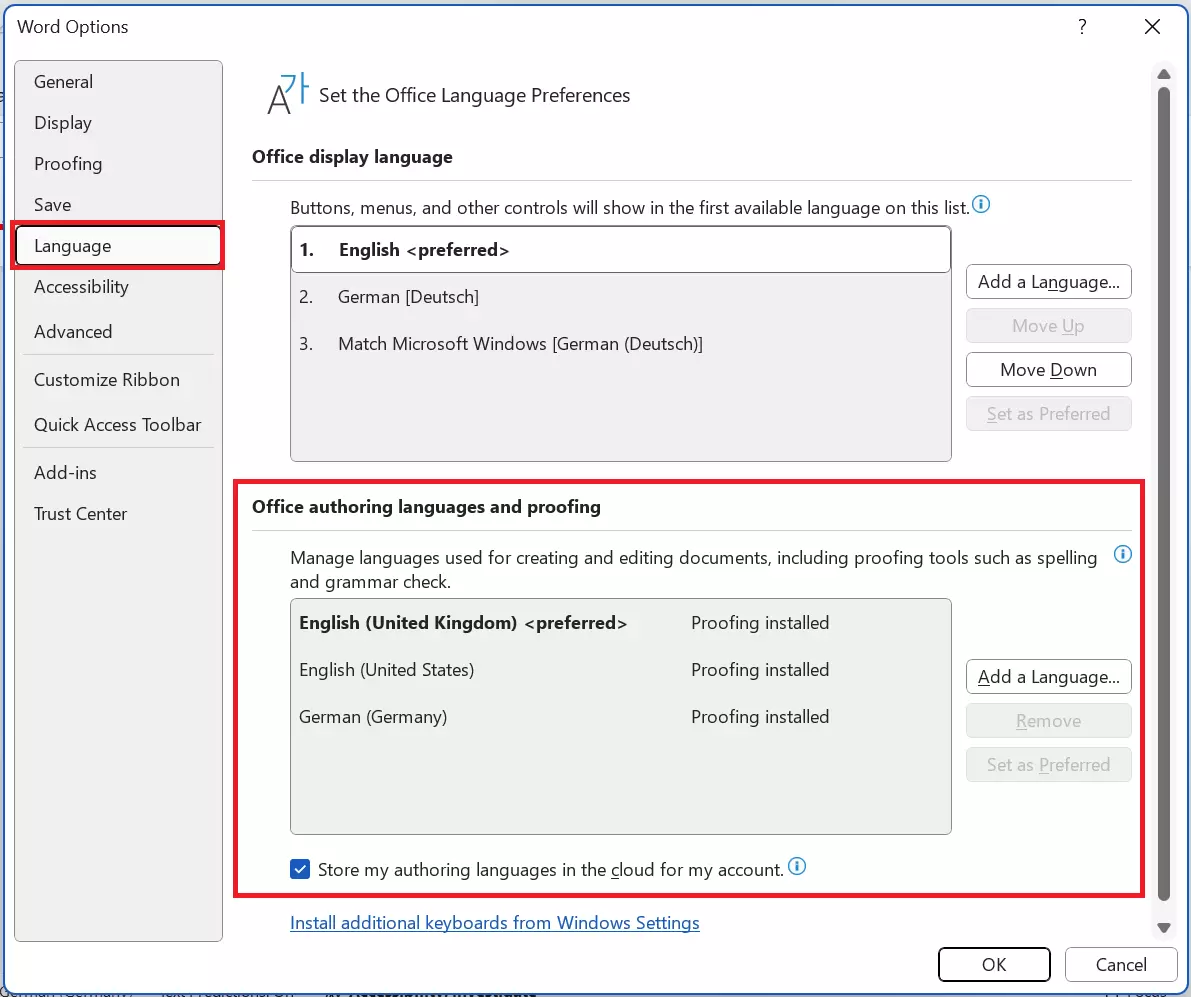 Office authoring languages and proofing in Word