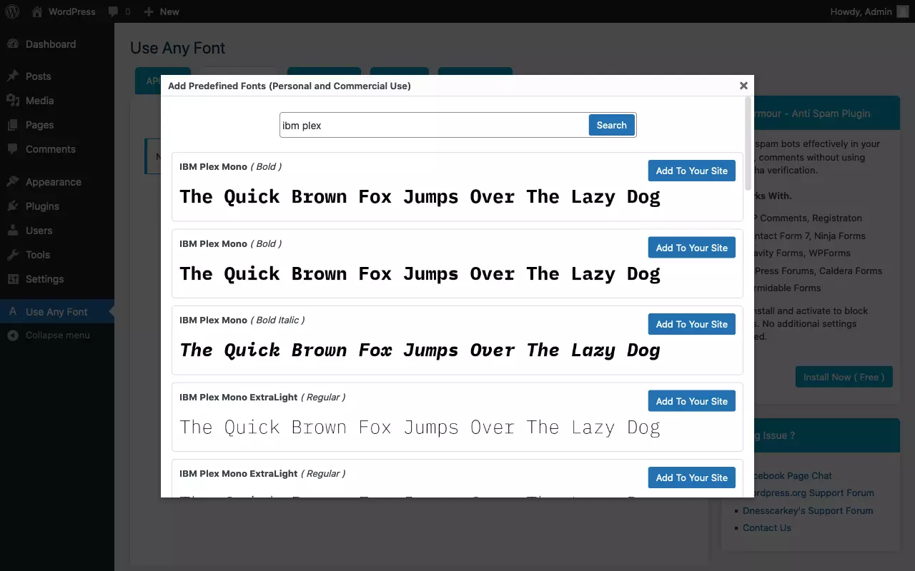 Using the ‘Use Any Font’ plugin in WordPress to add a predefined font