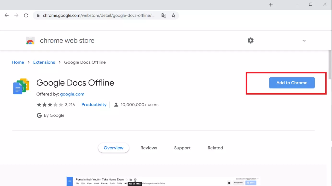 Chrome Web Store: button to add the Google Docs Offline extension