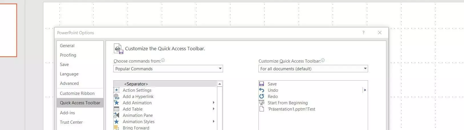 Menu for customising the PowerPoint Quick Access Toolbar