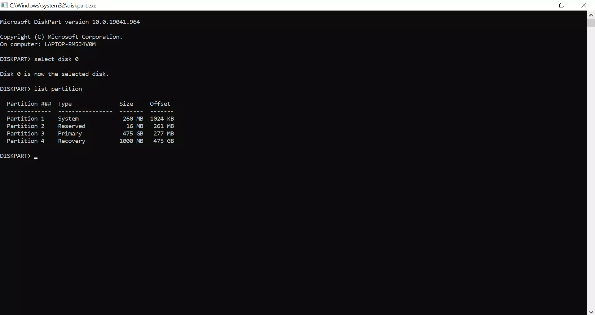 Screenshot of the `C:\Windows\System32\diskpart.exe´ window