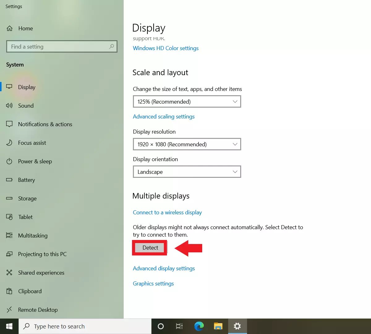 Windows 10 display menu with ‘Detect’ option for ‘Multiple displays’