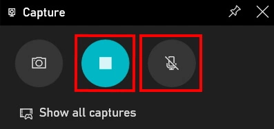 In the ‘Capture’ window you can stop your recording and choose to turn audio recording on or off.