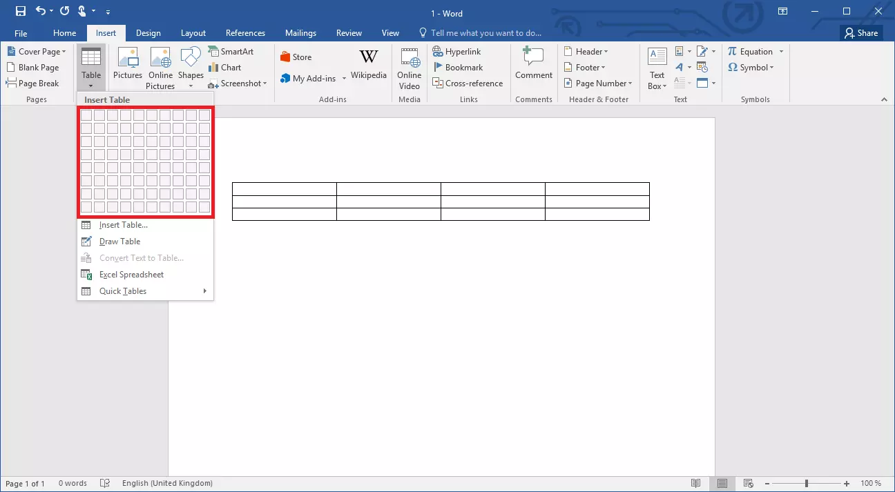 The Insert option, which creates a table in Word using the mouse pointer