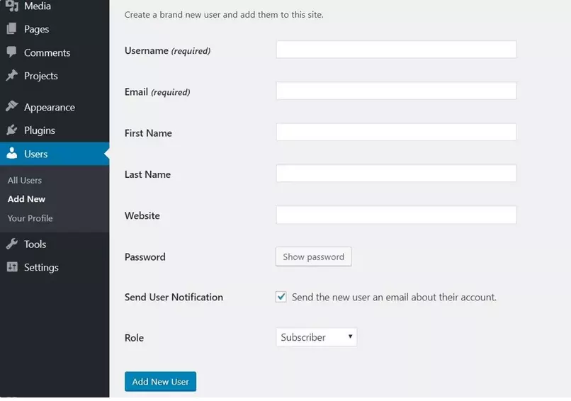 WordPress dashboard with the ‘Add new user’ option