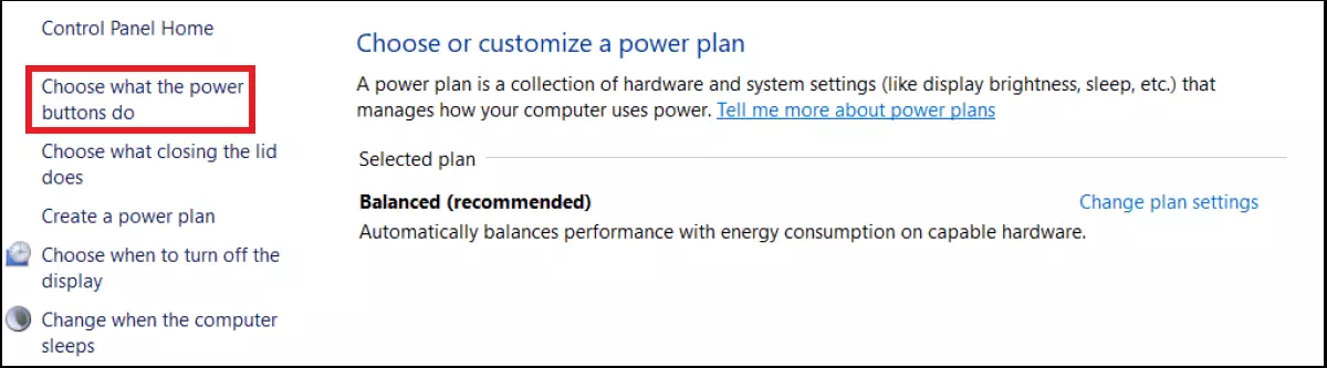 Windows 10: menu for ‘Additional power settings’