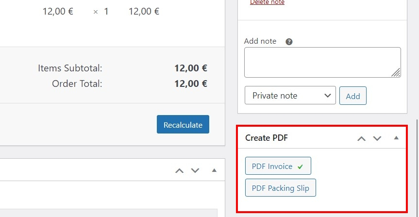 Screenshot of ‘Create PDF’ menu in the WooCommerce backend