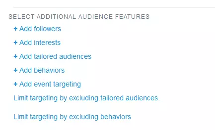 Screenshot of the selection of additional audience features for the setting up of a Twitter Ads campaign