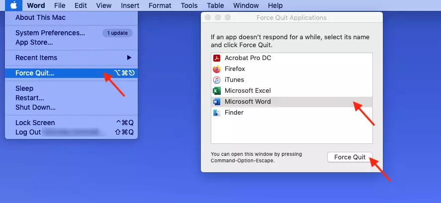 Force quitting on a Mac: Force quit program via Apple menu bar 