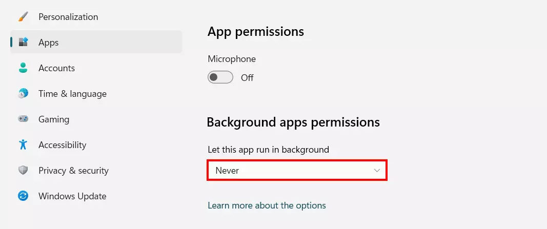 Windows 11: ‘Advanced settings’ of an app with background permissions