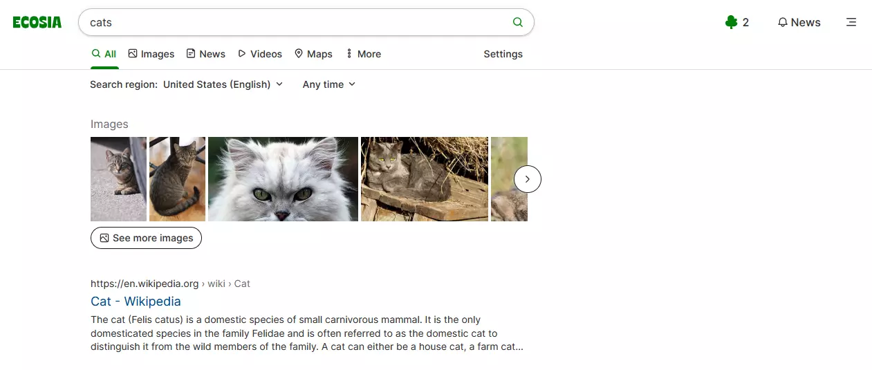 Ecosia search results for the term ‘cats’