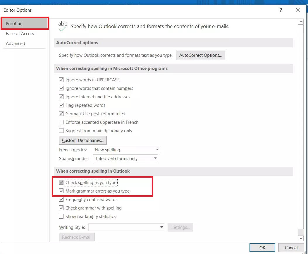 Outlook: Proofing options