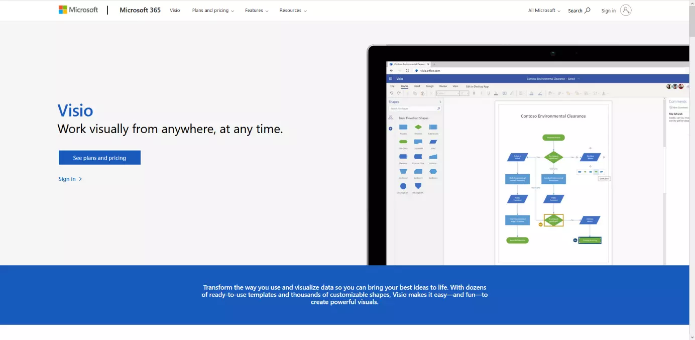 Visio Professional user interface and example diagram, library, and commentary section.