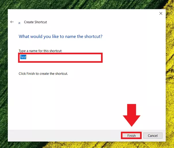 Select ‘Finish’ to confirm a shortcut in the ‘Create Shortcut’ window