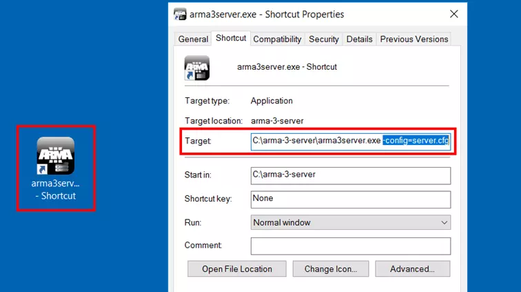 Arma 3 Server: Desktop shortcut menu