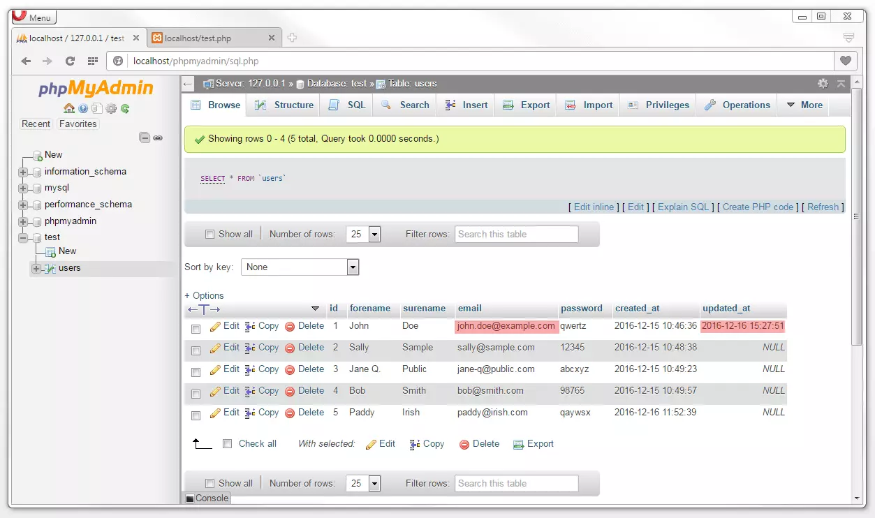 phpMyAdmin: updated table overview after the database operation UPDATE