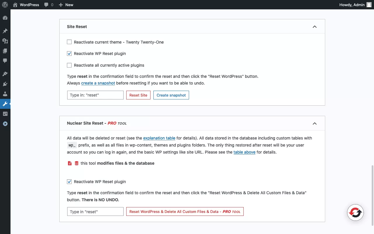 Screenshot of the reset page of the 'WP Reset' plugin