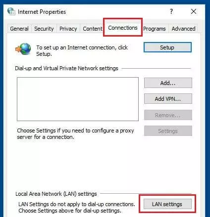 Menu item ‘Connections’ in Windows 10 Internet Properties