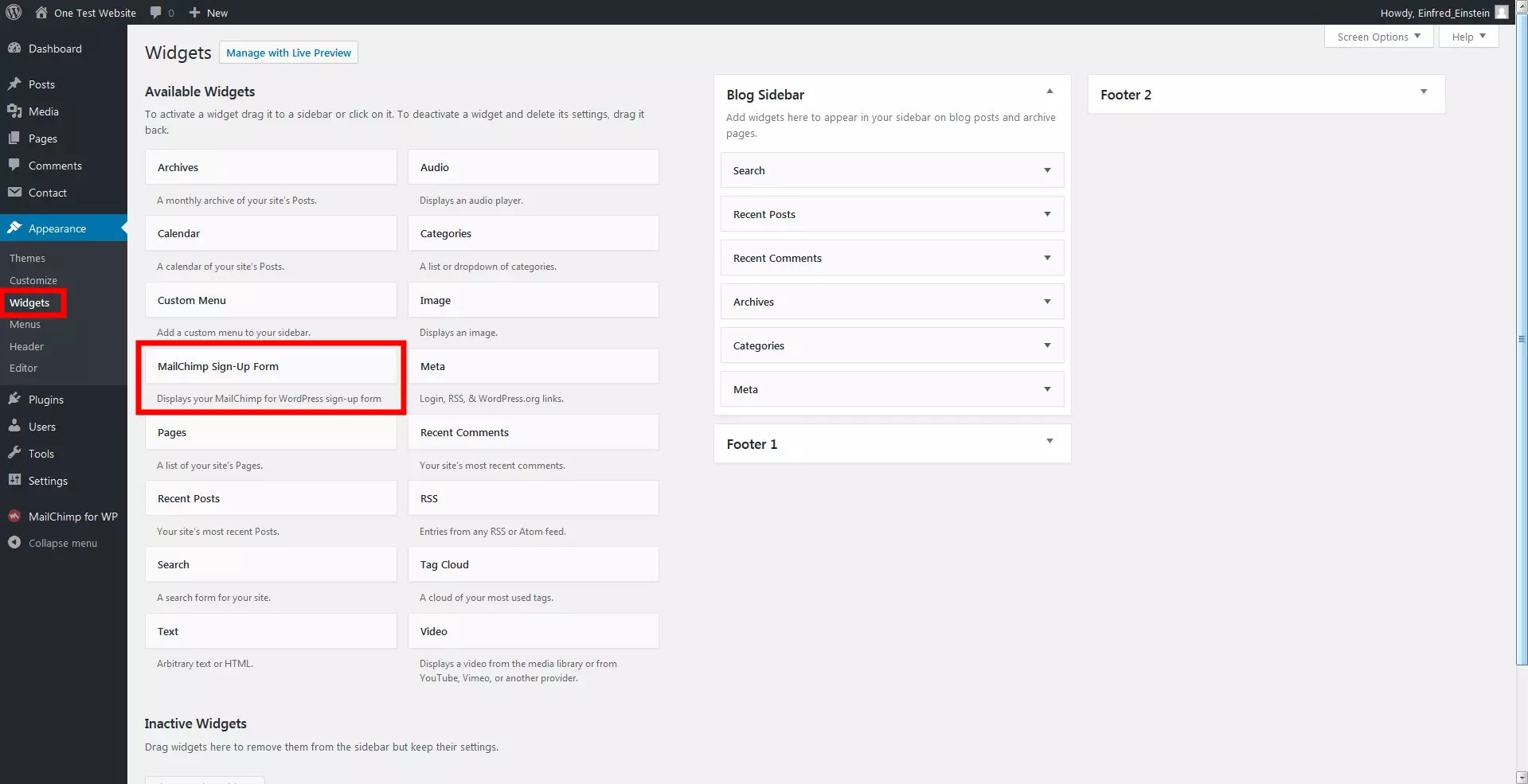 registration form as a widget in the backend view