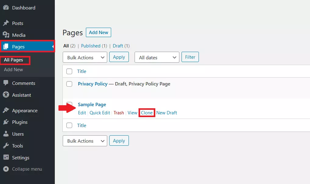 WordPress backend: “Pages” > “All Pages”, with option for duplicating the selected page