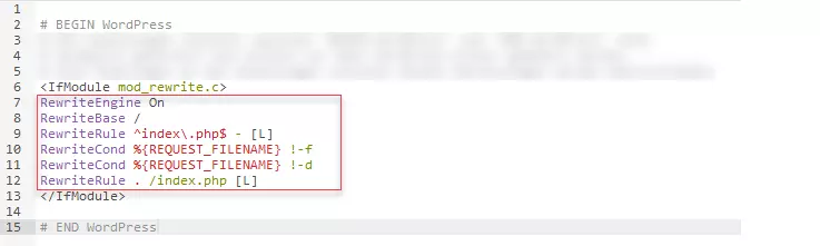 The existing .htaccess file: outlined code to be replaced