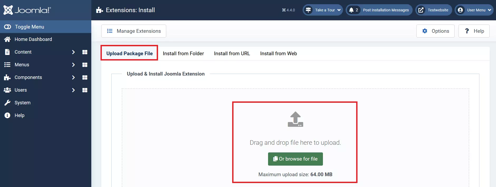 Joomla backend: Upload Package File