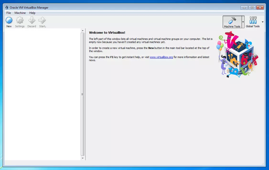 Oracle VM VirtualBox Manager: start screen