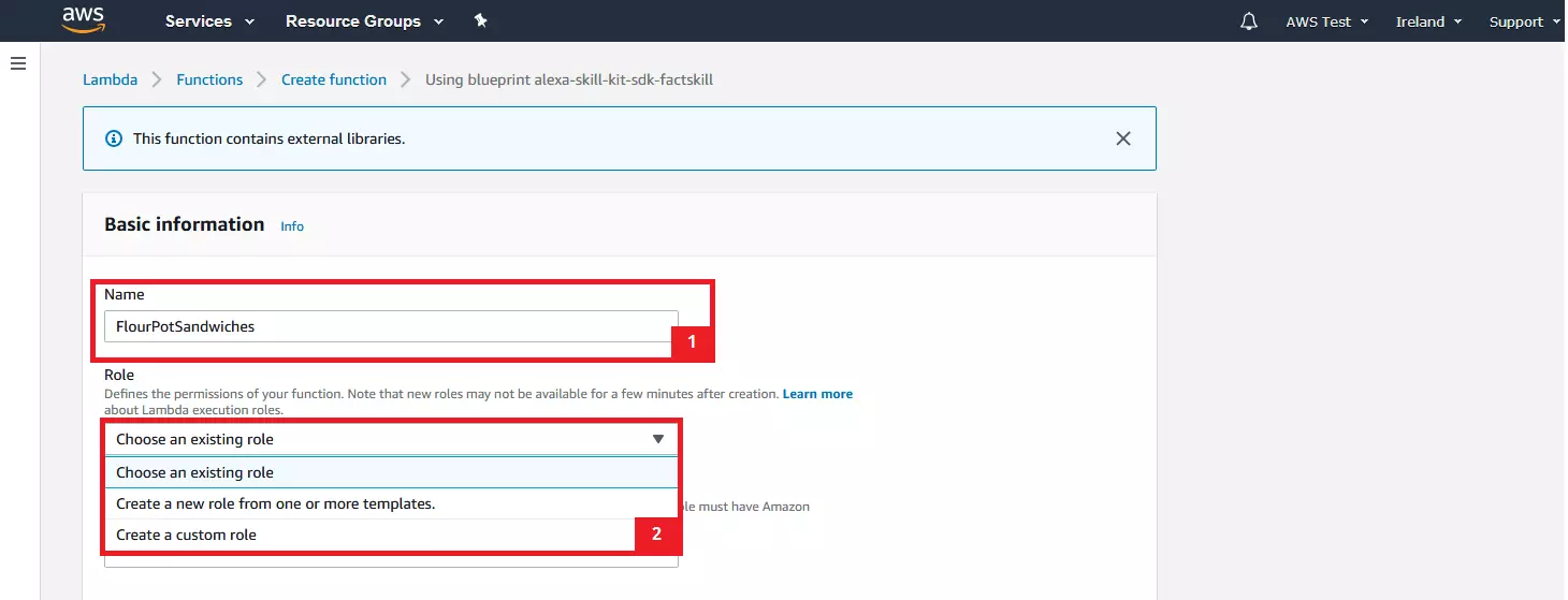 AWS Management Console: basic information about the Lambda function.