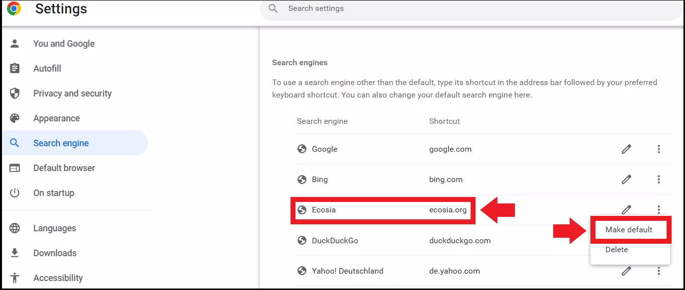 The Chrome menu ‘Make Default’