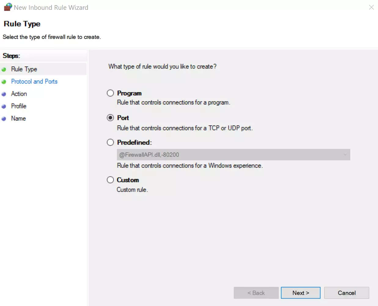 Windows Defender Firewall: select port rule