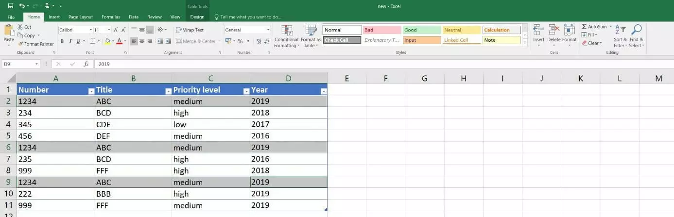 Excel 2016: Example table with identical entries