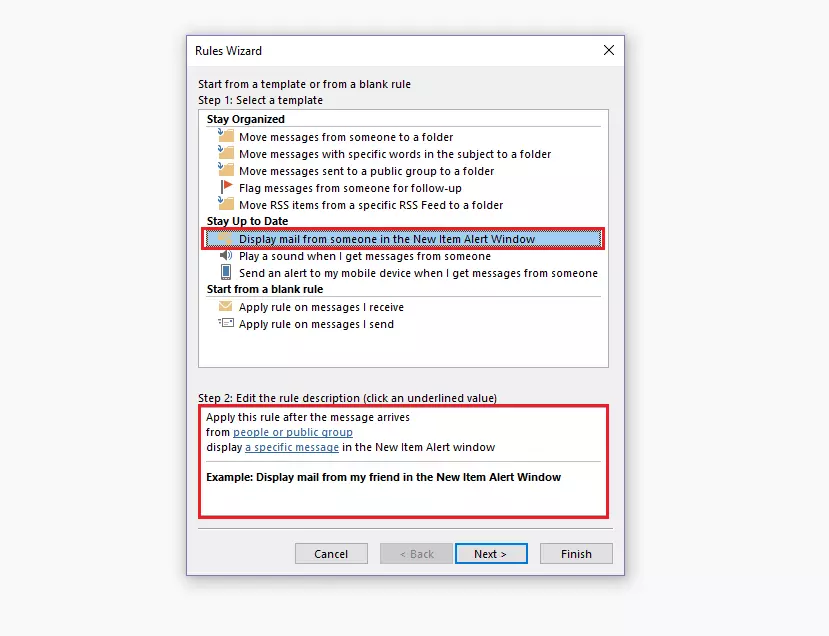 Outlook Rules Wizard: rule template selection