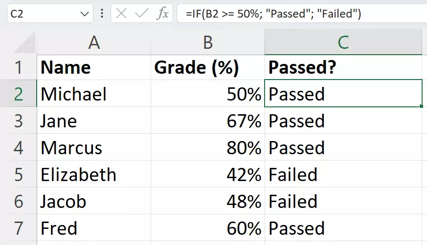 Example table with an IF function