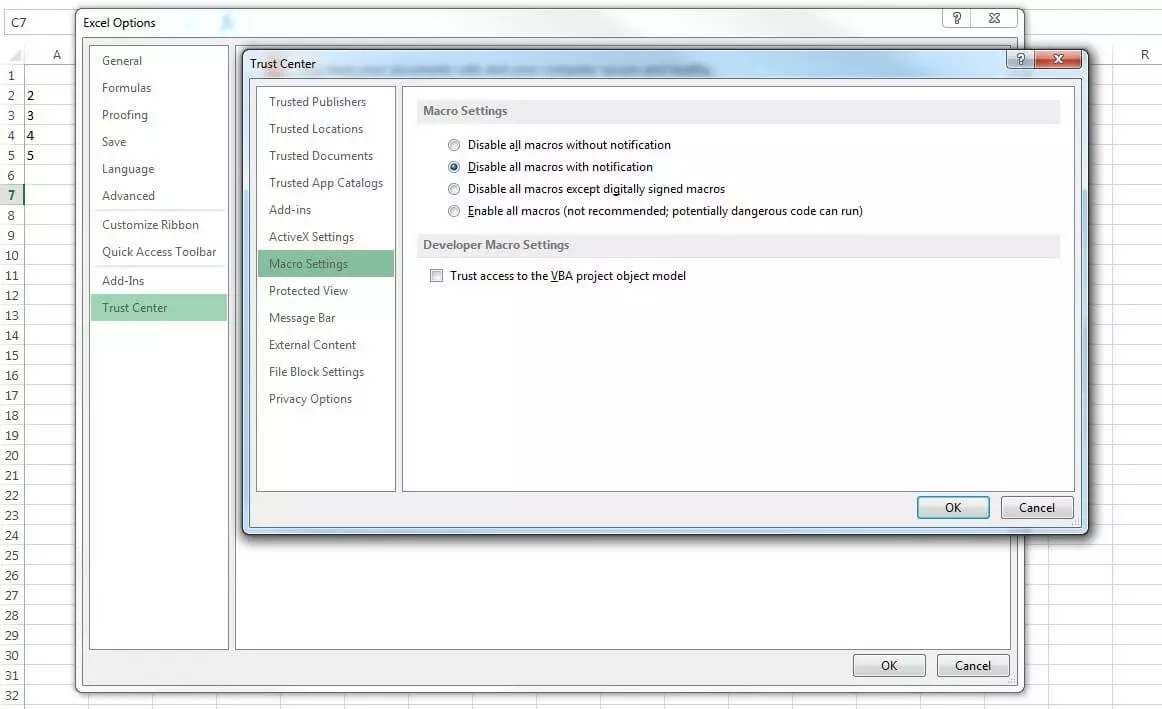 Excel security centre: Macro settings