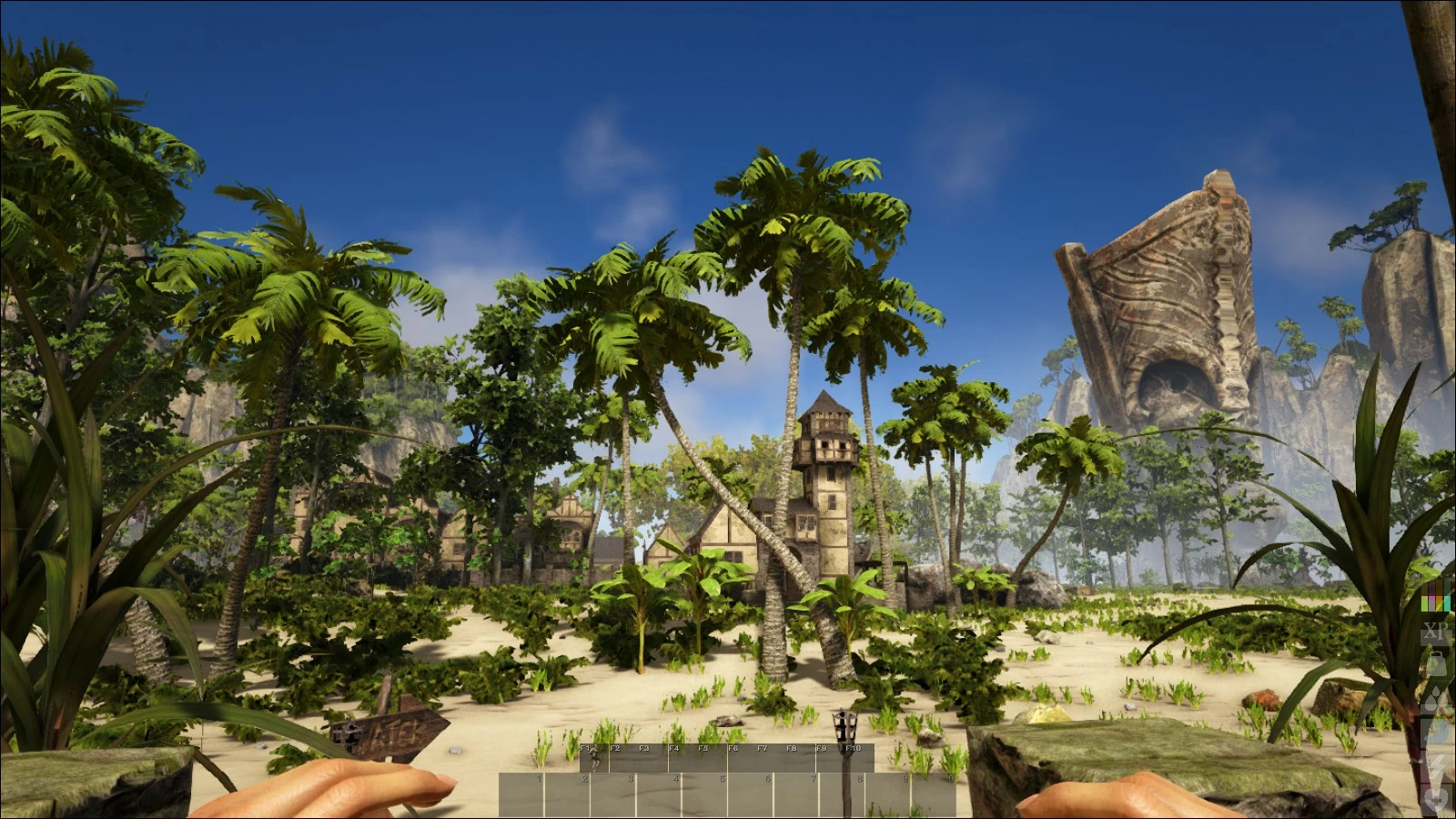 Screenshot from ATLAS: there is a tropical landscape with some half-timbered buildings