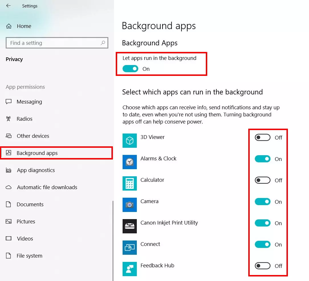 Speed up Windows 10: Background apps