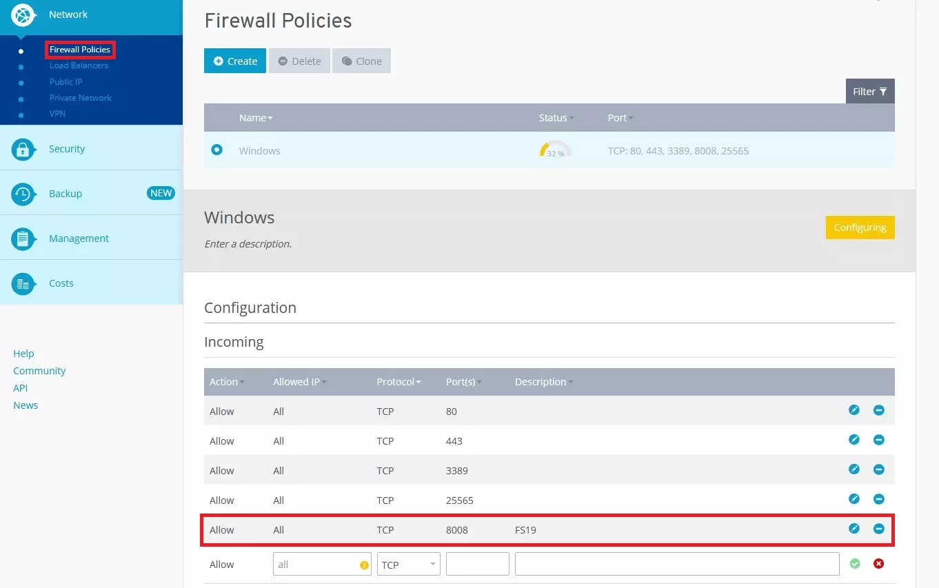 Firewall Policies in the IONOS control panel