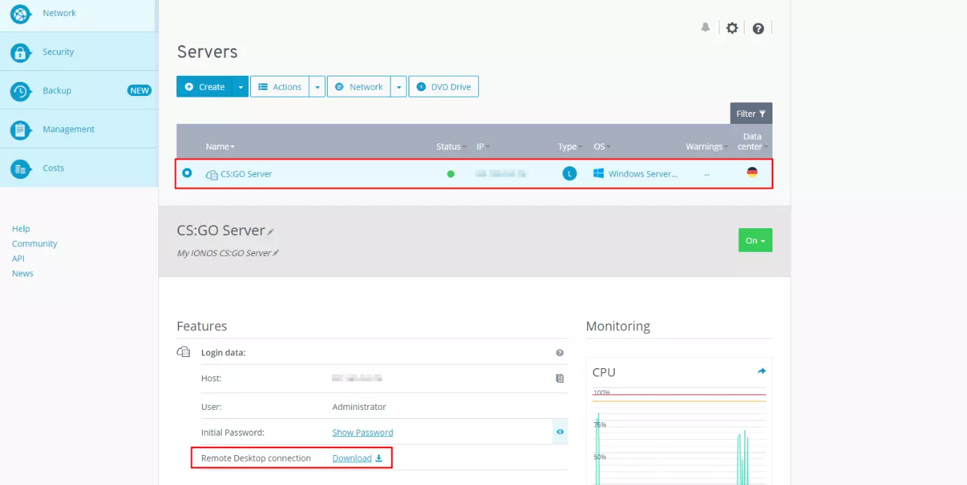 IONOS Cloud Panel: Server data and information