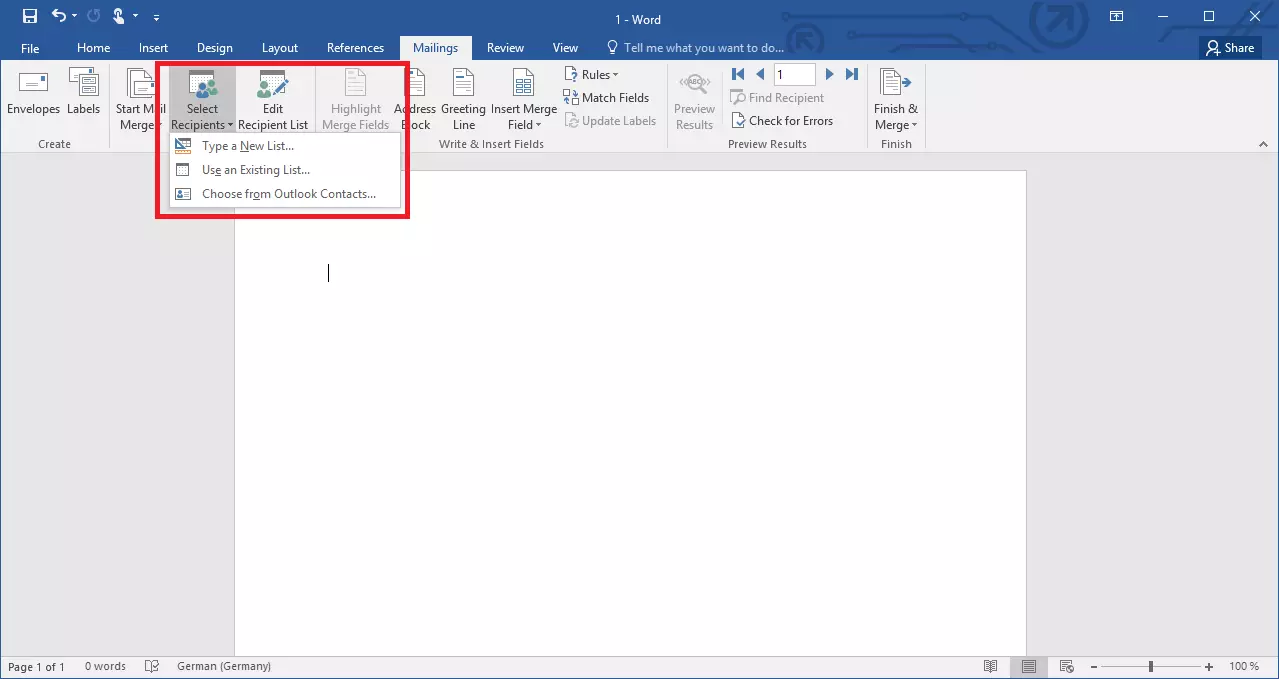 Option in Word that allows you to select different data sources for the mail merge 