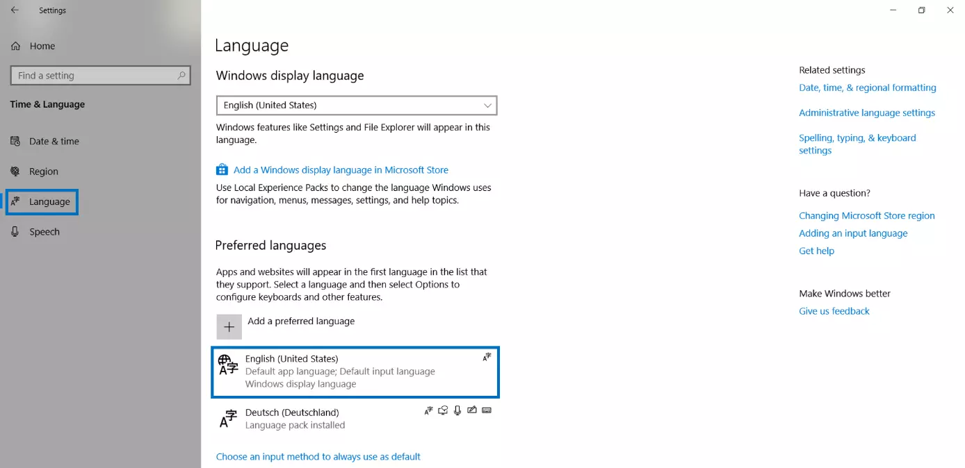 Language settings in Windows 10