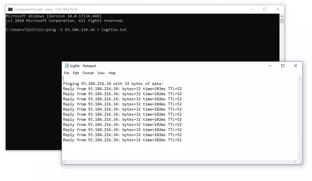 Ping with redirection of the standard output to a text file