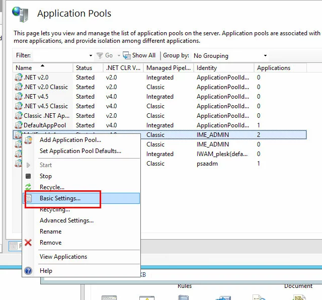 IIS manager, Application Pools: contextual menu, ‘Basic settings’