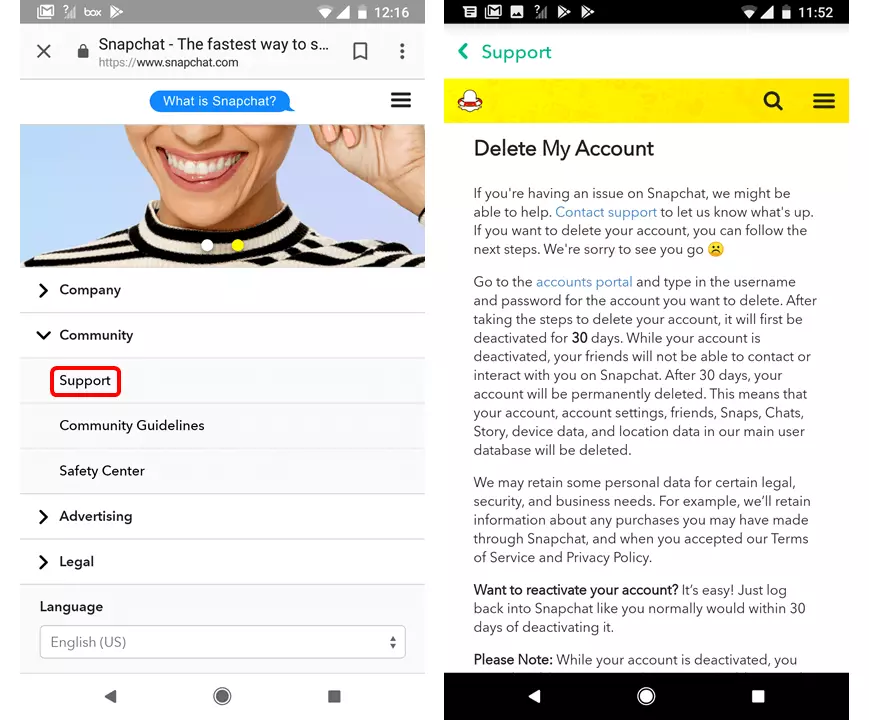 Delete your Snapchat account URL window on the web browser