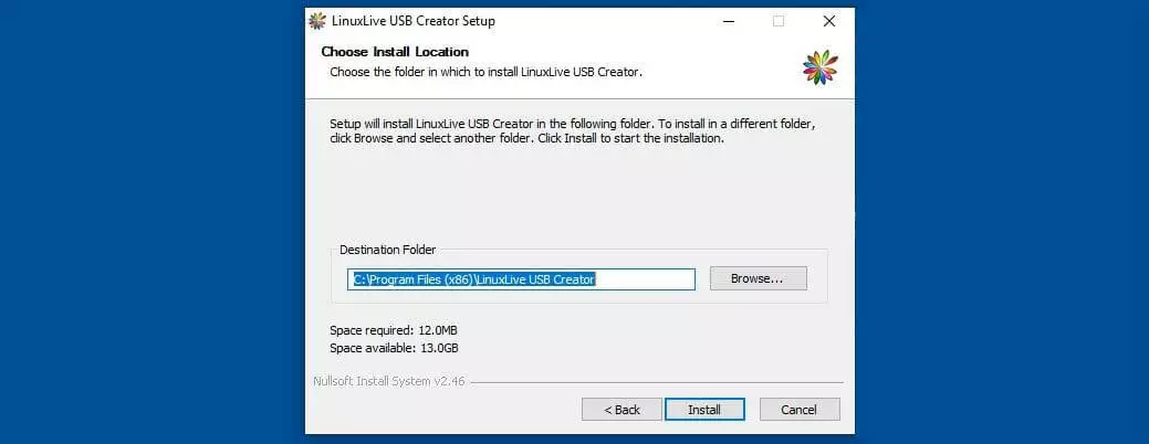 Selection of the installation path for LinuxLive USB Creator