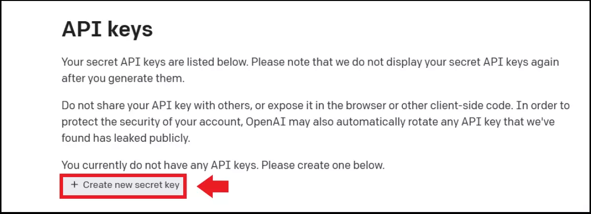 The ‘Create new secret key’ option in the API Key menu