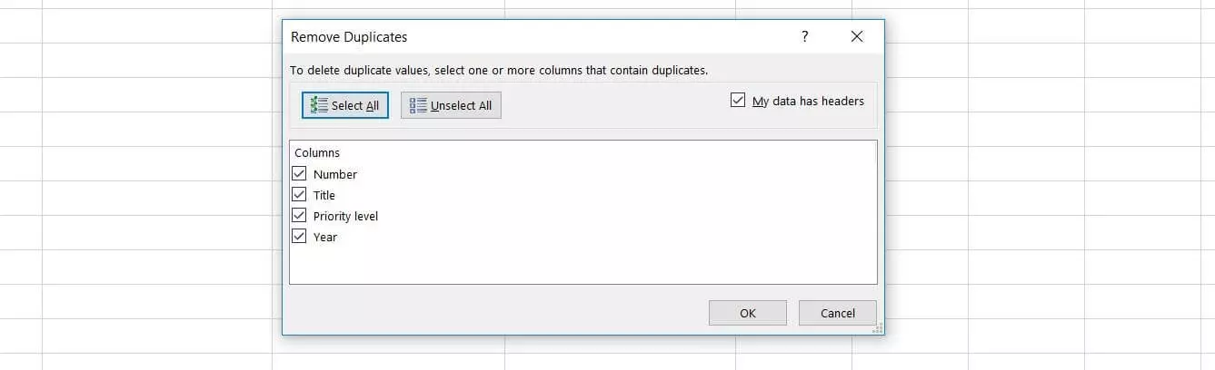 Excel: “Remove Duplicates” dialogue