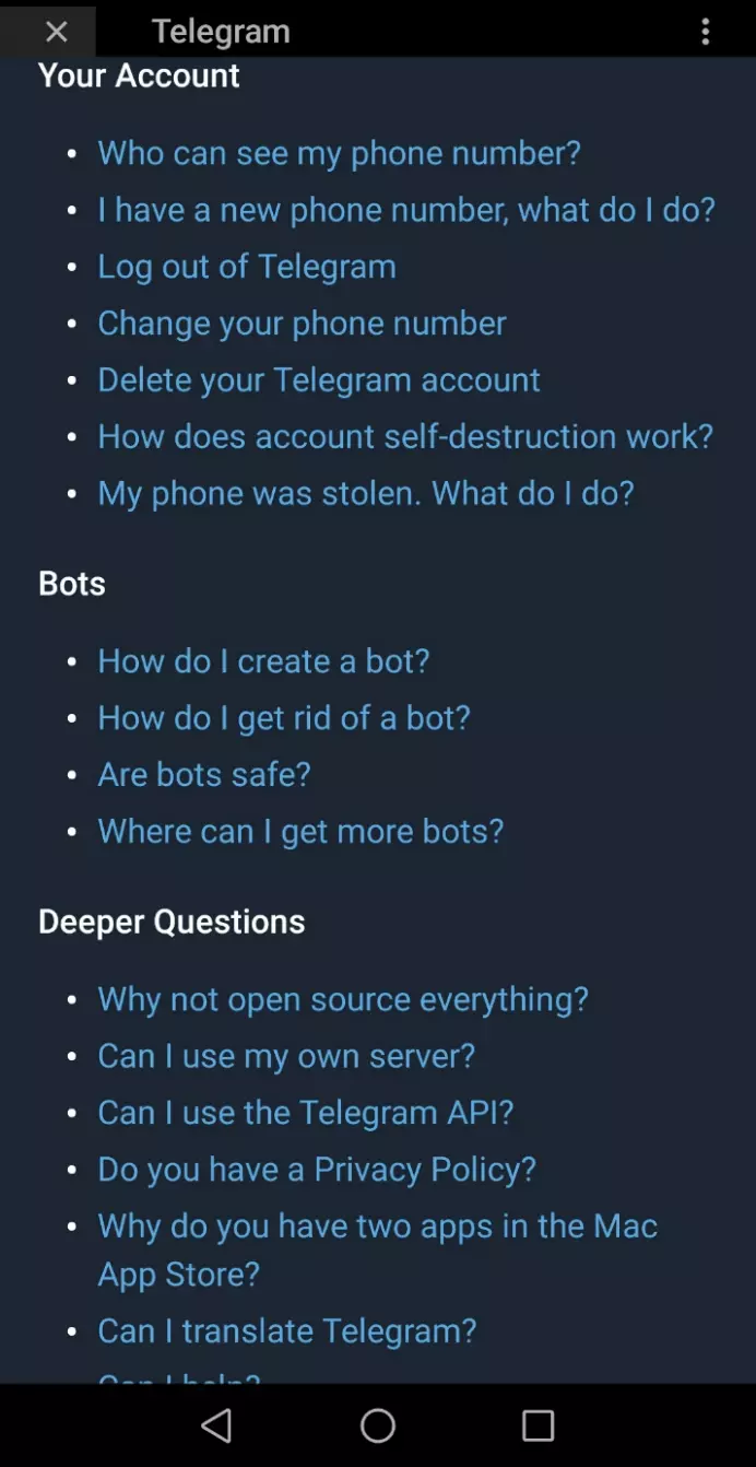 Telegram app FAQ section with ‘Your account’