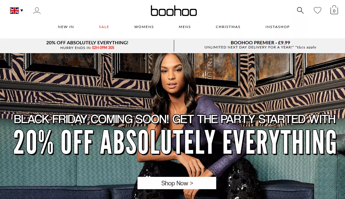 Screenshot of Boohoo’s homepage